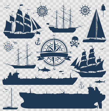 Set of fully rigged sailing ships, yachts and oil tankers silhouettes isolated on transparent background. Nautical design elements collection. Vector illustration
