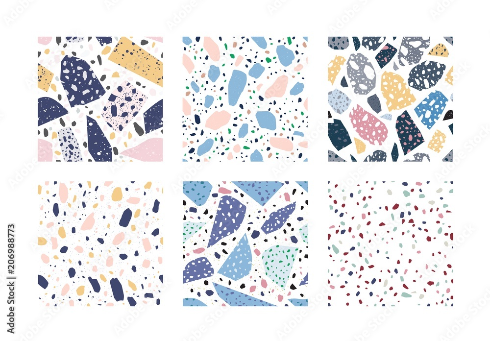 Poster Collection of terrazzo geometric textures. Bundle of seamless patterns with colorful splinters or sprinkles on white background. Creative vector illustration for backdrop, textile print, flooring.