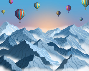 Mountain landscape with colorful hot air balloons in realistic 3d style. Blue winter cliffs with fog