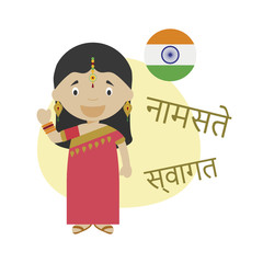 Vector illustration of cartoon character saying hello and welcome in Hindi