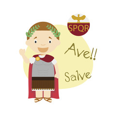 Vector illustration of cartoon character saying hello and welcome in Latin