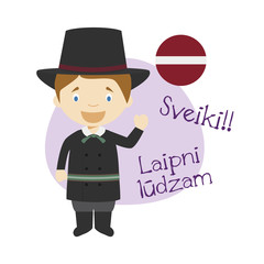 Vector illustration of cartoon character saying hello and welcome in Latvian