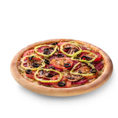 Delicious Italian pizza with tomato, pepperoni and mushrooms, top view isolated on white background