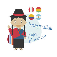 Vector illustration of cartoon character saying hello and welcome in Quechua
