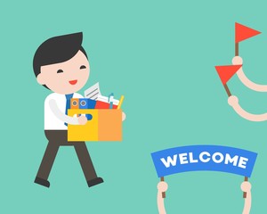 Businessman holding document box with happiness and welcome board, got new job or promotion concept