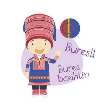 Vector illustration of cartoon character saying hello and welcome in Sami