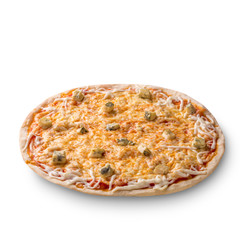 Overhead view isolated on white of a whole freshly baked delicious four cheeses Italian pizza on...