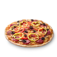 Delicious Italian pizza with tomato, pepperoni and mushrooms, top view isolated on white background