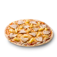 Delicious italian pizza with pineapples and chicken fillet isolated on white background