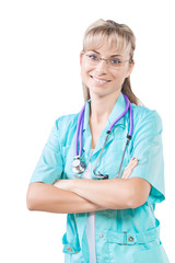 smiling female doctor with crossed arms  lloking at cameraisolat