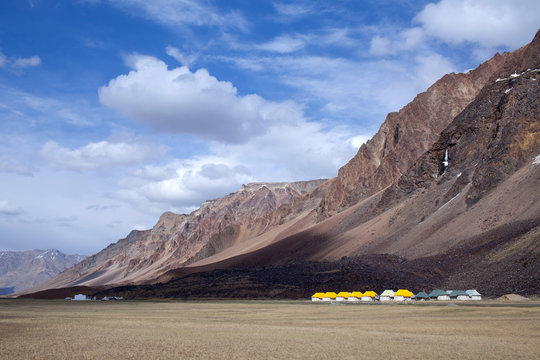 Sarchu camping tents at the Leh - Manali Highway in Ladakh, Jammu and Kashmir, North India
