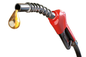 3d rendering of a red gasoline dispenser handles with oil drops, isolated on white background with clipping paths. - obrazy, fototapety, plakaty