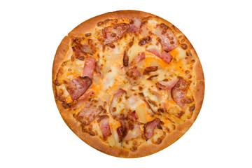 Top view of Hawaiian pizza, isolated on white