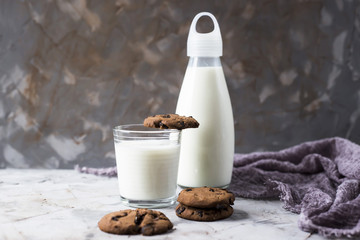 Chocolate biscuits next to a glass bottle and a glass of milk on a gray table.