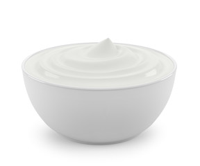 Bowl of sour cream sauce mayonnaise close-up, isolated on a white background.
3D illustration
