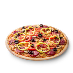 Delicious Italian pizza with tomato, pepperoni and mushrooms, top view isolated on white background