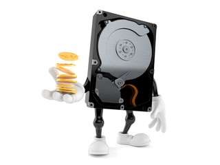 Fototapeta premium Hard disk drive character with stack of coins