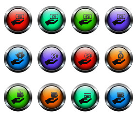 hand and money vector icons on color glass buttons