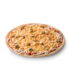 Overhead view isolated on white of a whole freshly baked delicious four cheeses Italian pizza on white background