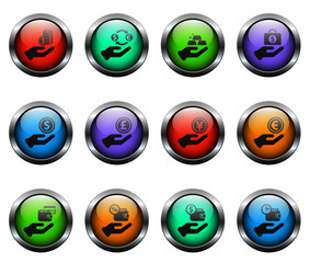 hand and money vector icons on color glass buttons