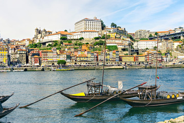 View of the old  town of Porto from one bank of the river Douro to another. Portugal.