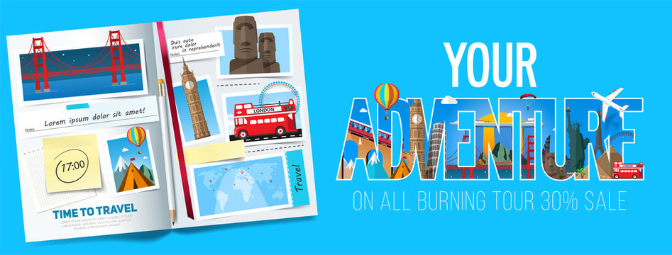 Adventure banner design, Stylish trip banner with opened album, photos, notes and stickers. Travel banner concept. Vector
