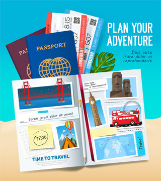 Plane your adventure, Stylish trip banner with opened album, passport, photos, notes and stickers. Travel banner concept. Vector