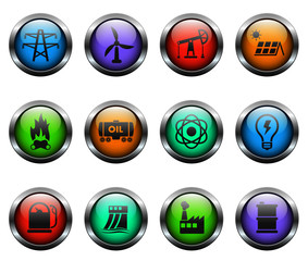 power generation vector icons on color glass buttons