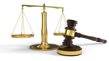 Justice concept court gavel and scales, 3d rendering