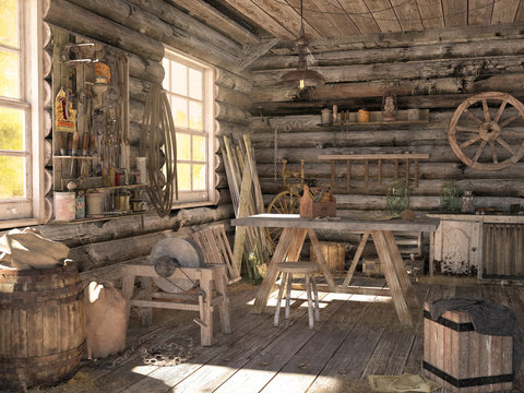 Interior of an old log barn. Workshop with many old things and working tools. 3D visualization.