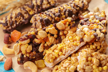 Granola bar on wooden background