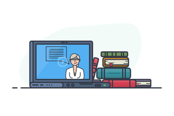 Notebook with online video with woman taking. Flat style, thick and thin line design concept art. Pile of books and magazines. Education concept. Reading and learning, watching tutorial video.