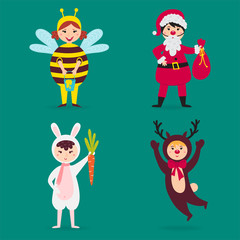 Cute kids wearing Christmas costumes vector characters little people isolated cheerful children holidays illustration