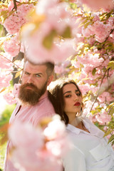 Man and woman standing under blooming branches on spring day. Couple stands near sakura trees. Couple in love spend time in spring garden, flowers on background, defocused, close up. Date concept.