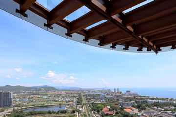 Aerial Open panorama summer view of Hua Hin  the beautiful resort town in the southern of Thailand under the steel canopy and clear glass roof structure.