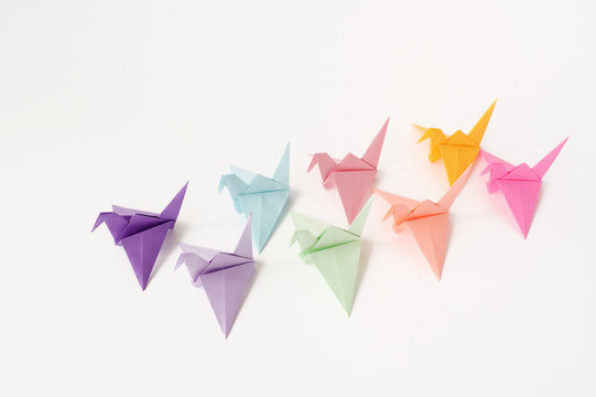 Multi-colored cranes of origami. To put a crane at a lesson of origami