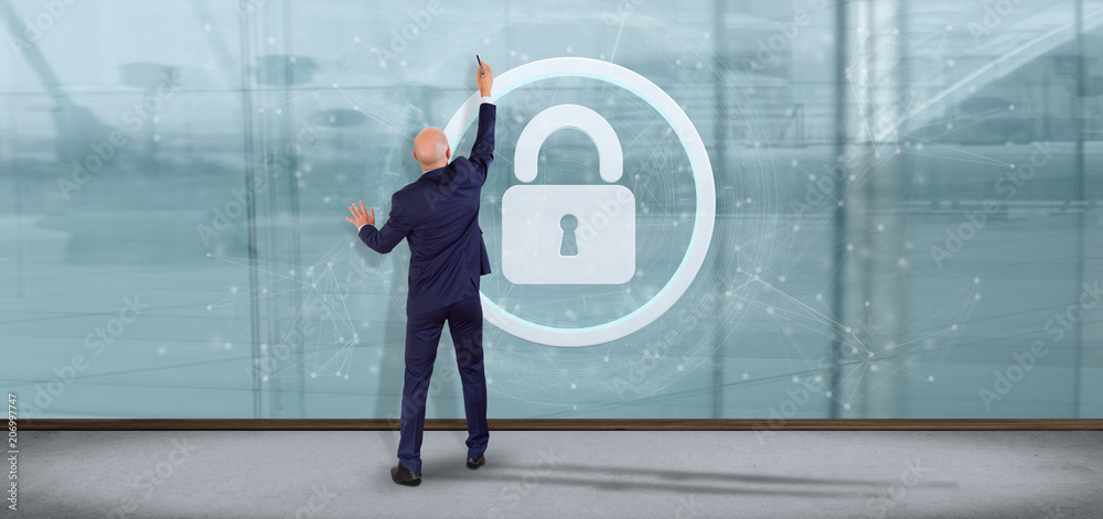 Poster man holding a shield web security concept 3d rendering