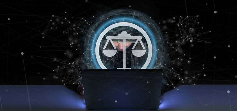 hacker Man holding a Technology justice icon on a circle 3d rendering