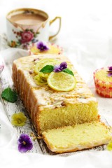 Homemade Moist Lemon Pound Cake or Loaf sliced, selective focus