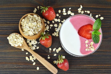 Strawberry yogurt and muesli, top view