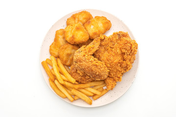 fried chicken with french fries and nuggets meal (junk food and unhealthy food)