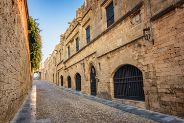 Empty street of knights (Ippoton) in City of Rhodes (Rhodes, Greece)