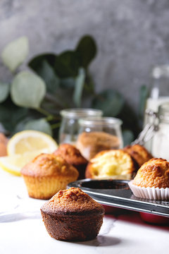 Fresh baked homemade lemon cakes muffins standing in baking dish with eucalyptus branch and ingredients above over white marble kitchen table.