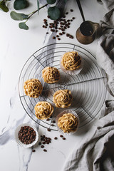 Fresh baked homemade cupcakes with coffee buttercream standing on cooling rack with eucalyptus branch and coffee beans above over white marble background. Flat lay, space