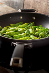 Green Peppers Padron Preparation in the Frying Pan