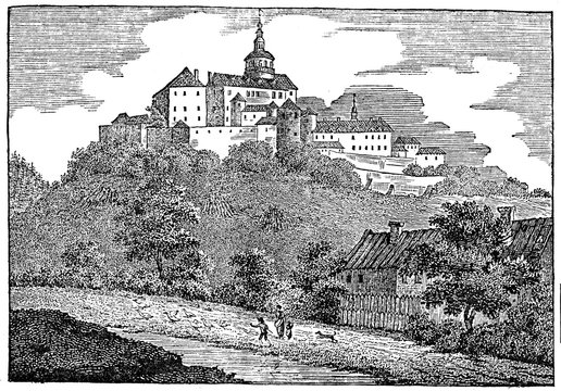 Frýdlant Castle (Schloss Friedland), Frýdlant v Čechách, Czech Republic (from Das Heller-Magazin, April 26, 1834)