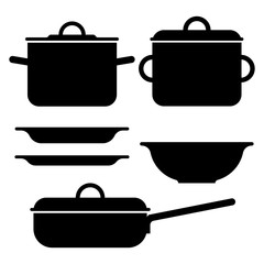 Pots and plates. Isolated vector objects.