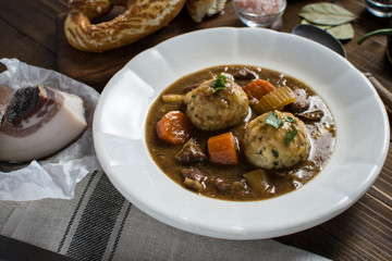 Stew with Venison and Bacon Onion Dumplings