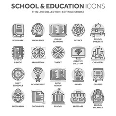 School education, university. Study, learning process. Oline lessons, tutorial. Student knowledge. History book.Thin line black web icon set. Outline icons collection.Circle element.