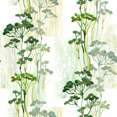  floral seamless pattern with green grass watercolor in hand drawn sketch style. Summer background on texture grunge